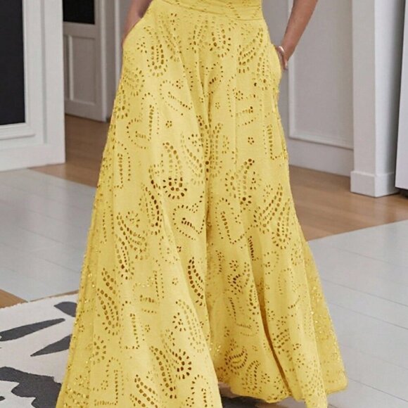 Yellow Elegant Women's Floral Hollow Out Full Embroidery A-Line Maxi Skirt - Picture 2 of 10